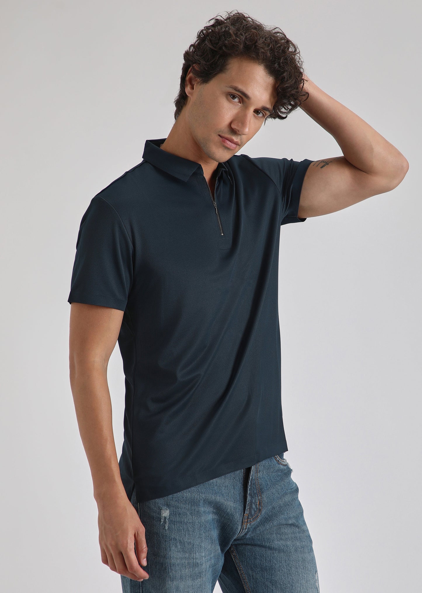 Blue Plain Zipper Stitchless Polo T-shirt