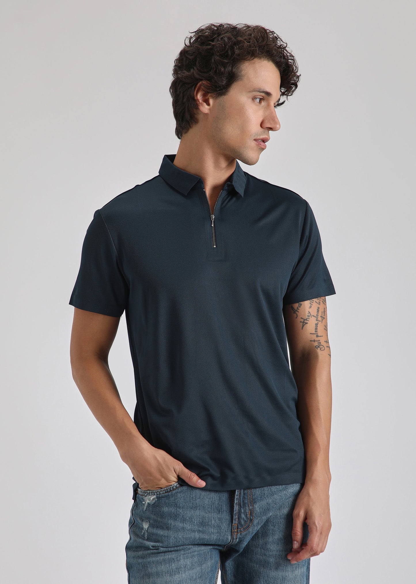 Blue Plain Zipper Stitchless Polo T-shirt