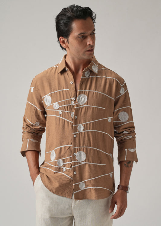 Brown Orb and Line Embroidery Shirt
