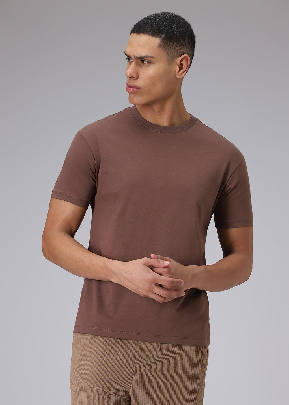 Brown Plain Regular Fit T-shirt