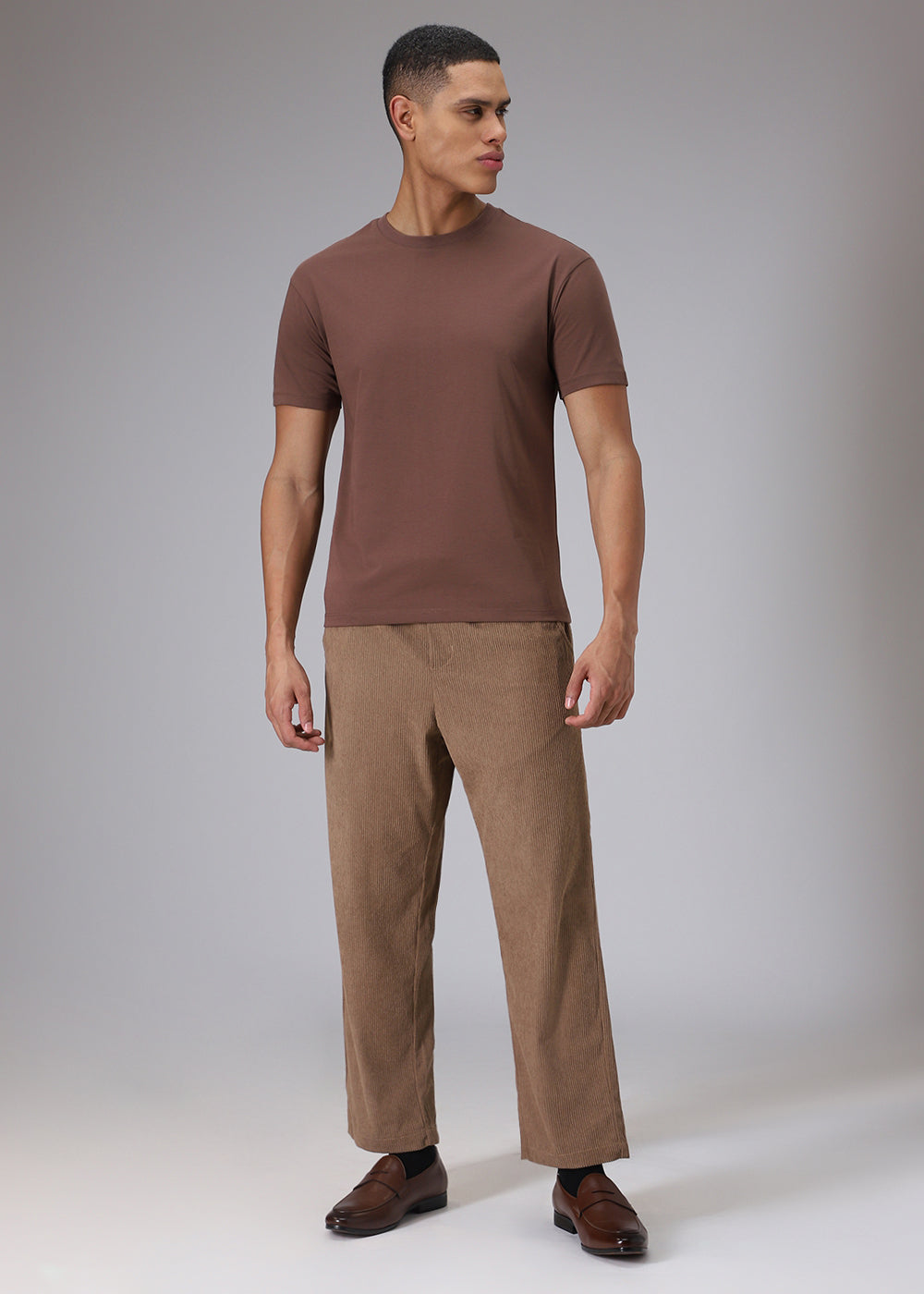 Brown Plain Regular Fit T-shirt