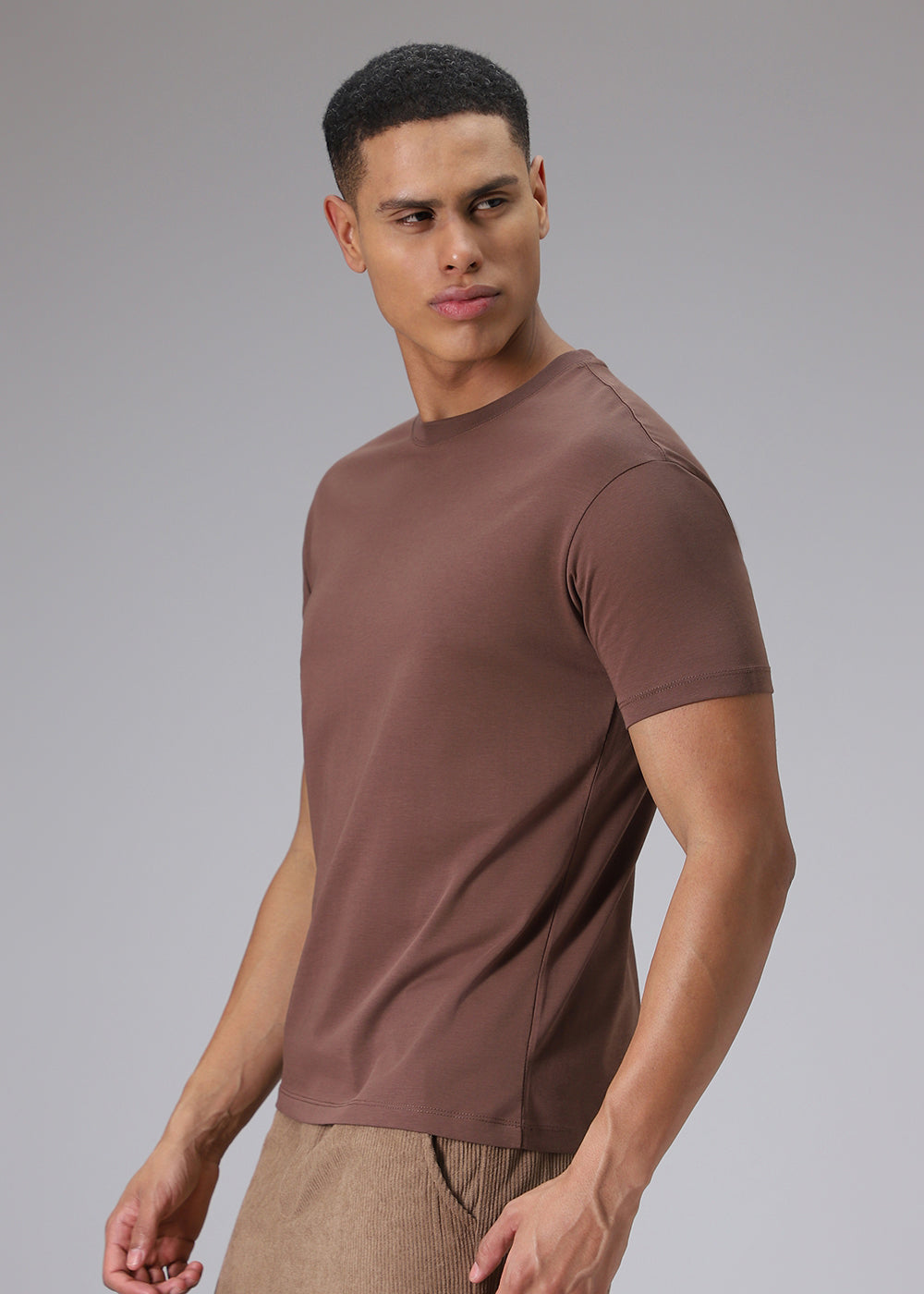 Brown Plain Regular Fit T-shirt