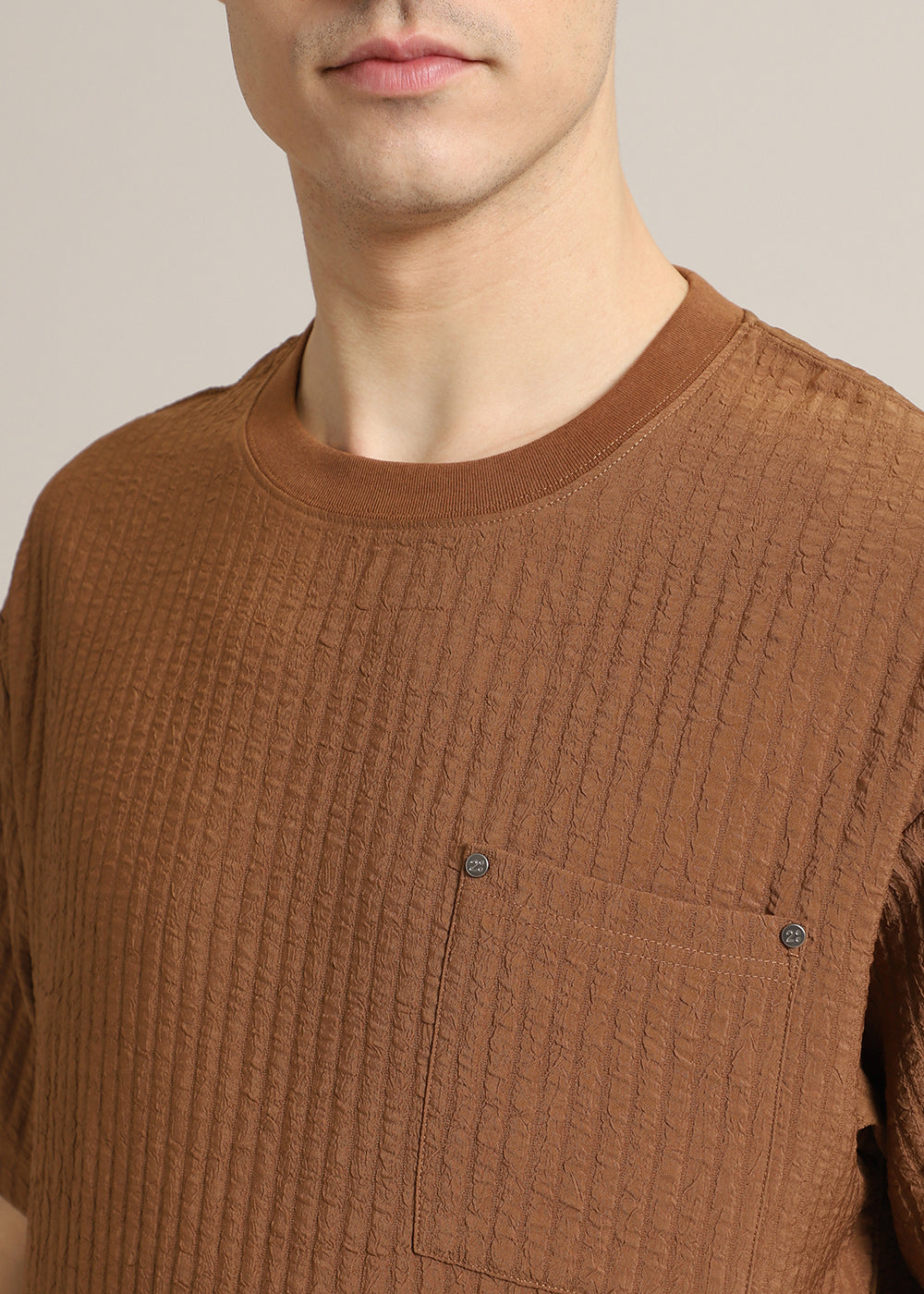 Brown Plain Textured Oversized T-shirt