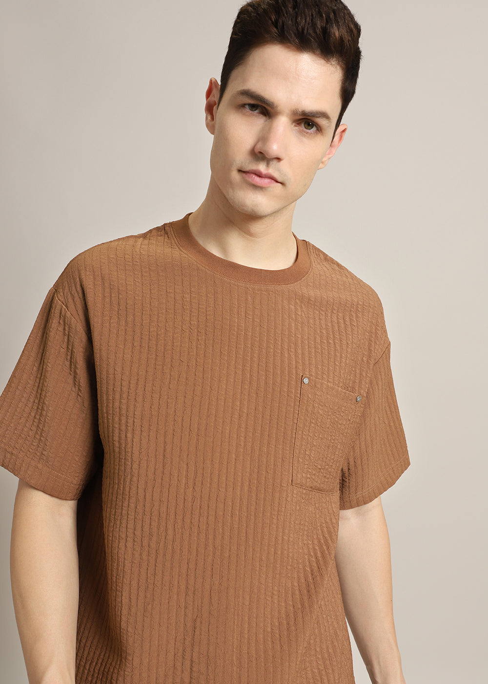 Brown Plain Textured Oversized T-shirt