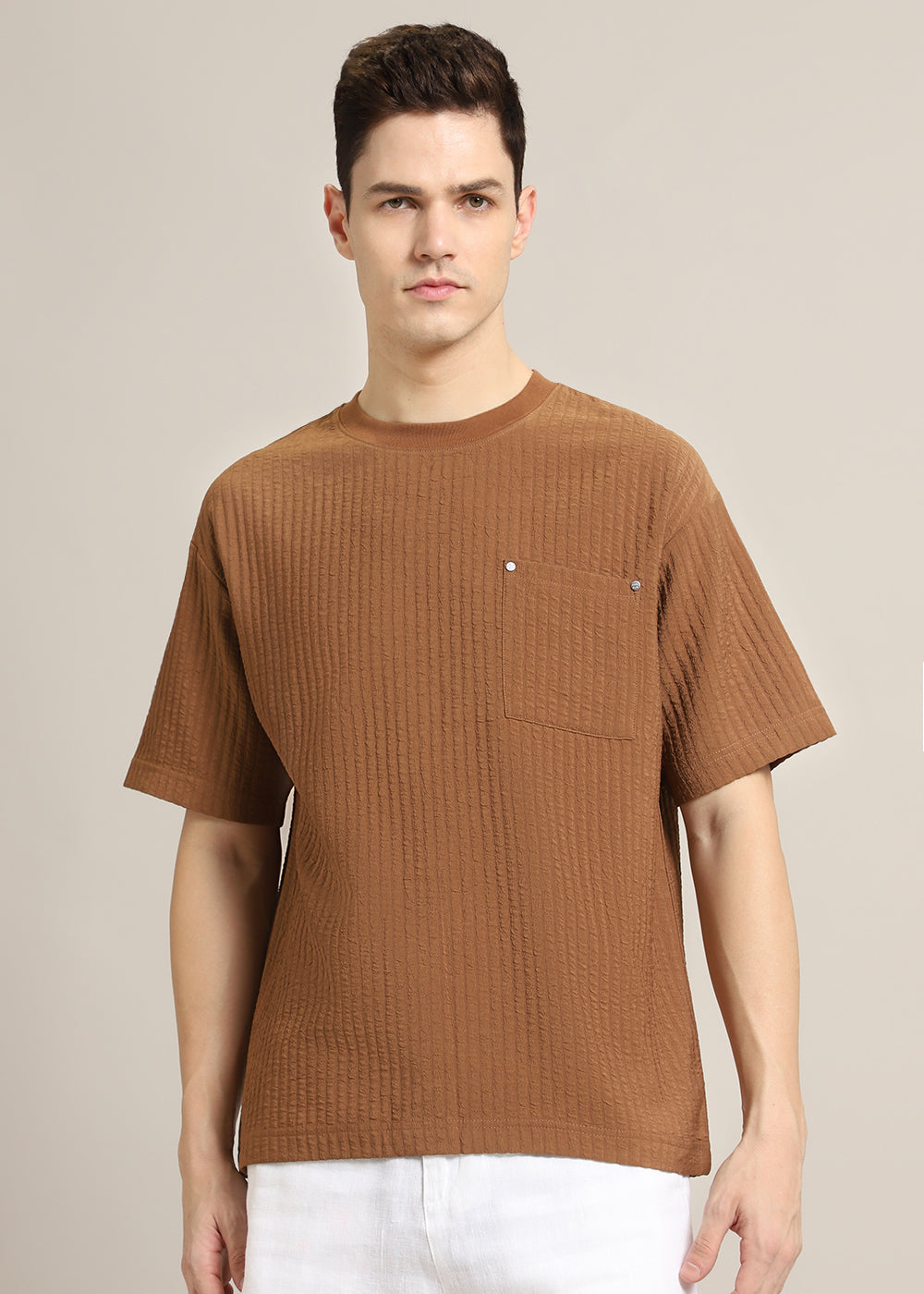 Brown Plain Textured Oversized T-shirt