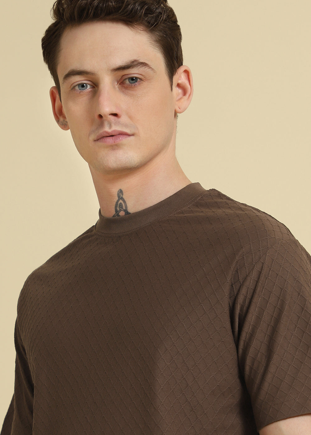 Brown Plain Textured Regular T-shirt