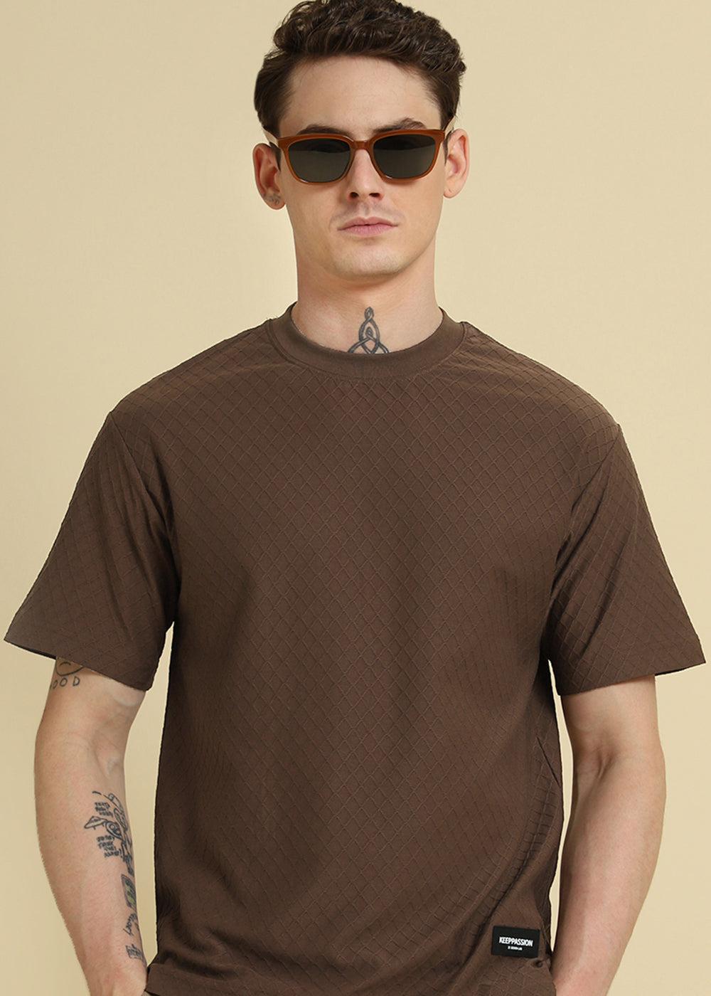 Brown Plain Textured Regular T-shirt