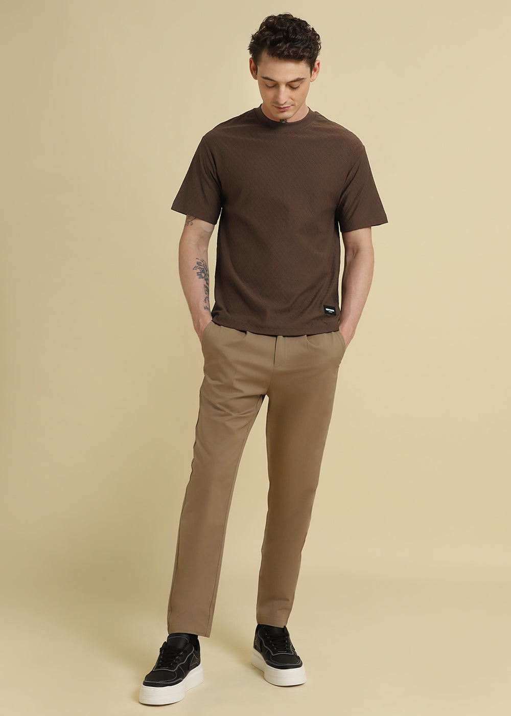 Brown Plain Textured Regular T-shirt