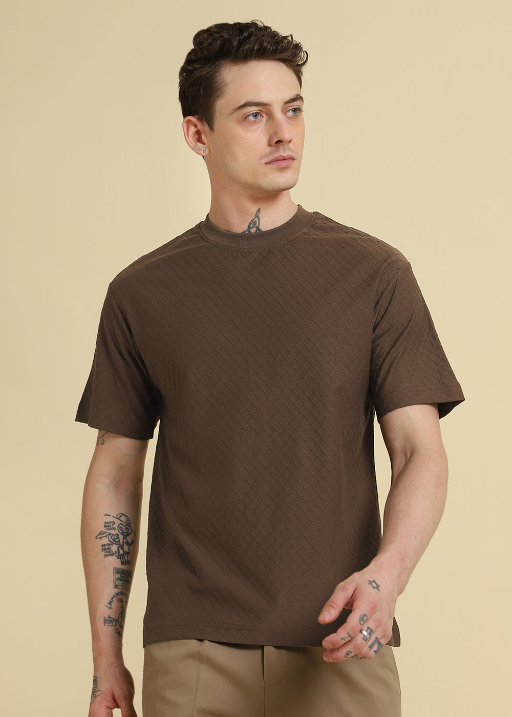 Brown Plain Textured Regular T-shirt