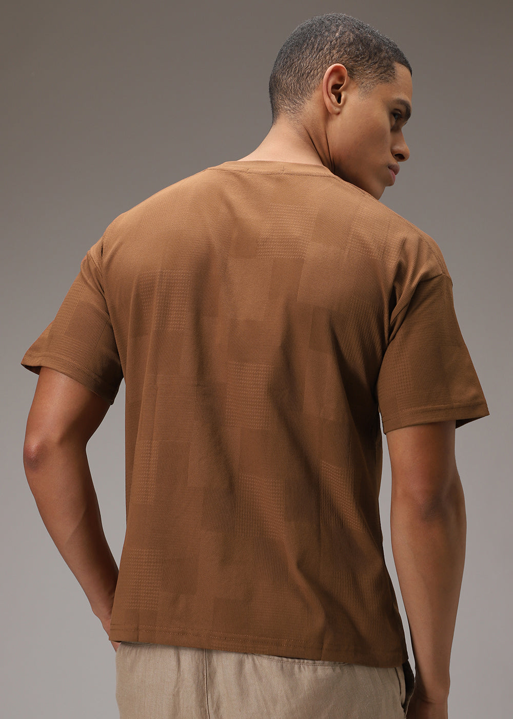 Brown Plain Waffle Texture Regular T-shirt
