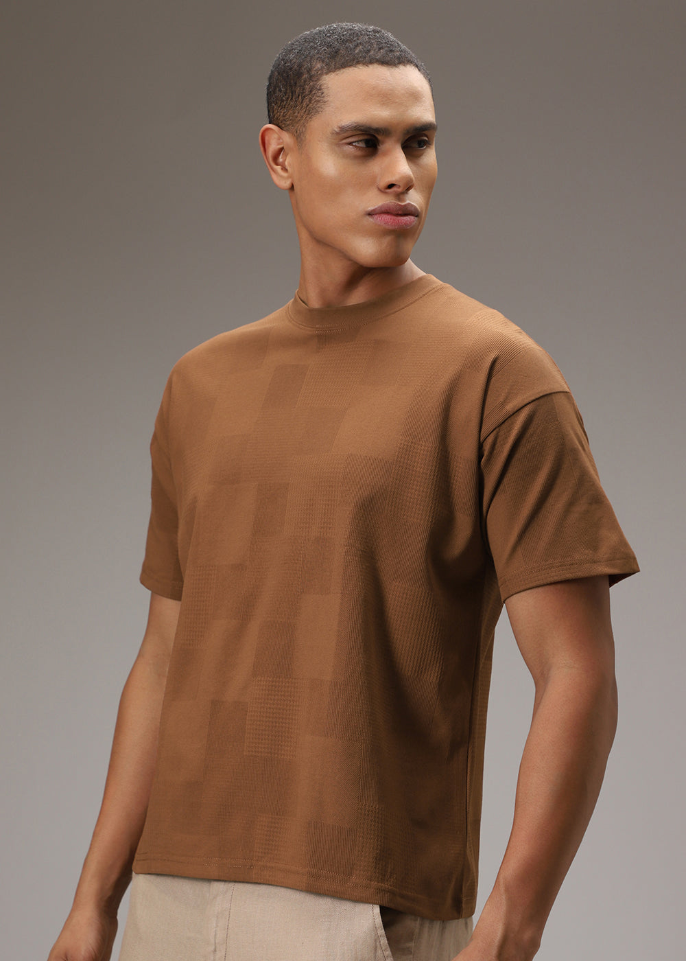 Brown Plain Waffle Texture Regular T-shirt