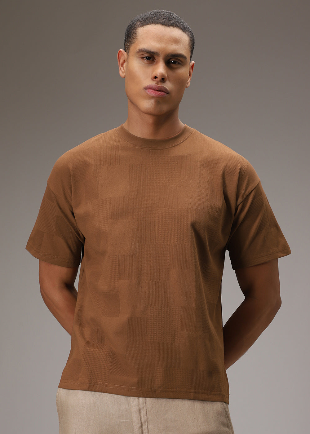 Brown Plain Waffle Texture Regular T-shirt