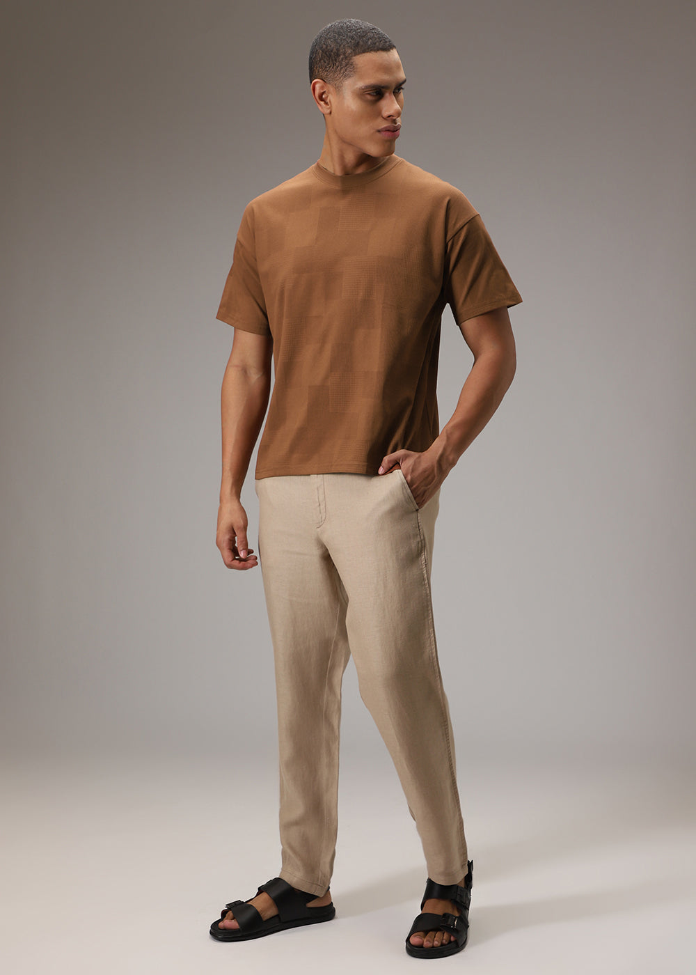 Brown Plain Waffle Texture Regular T-shirt
