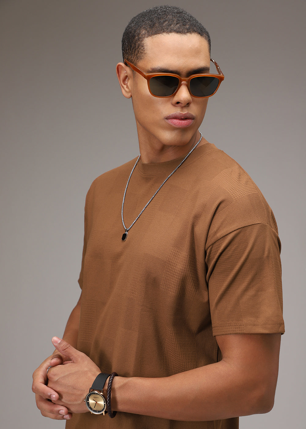 Brown Plain Waffle Texture Regular T-shirt