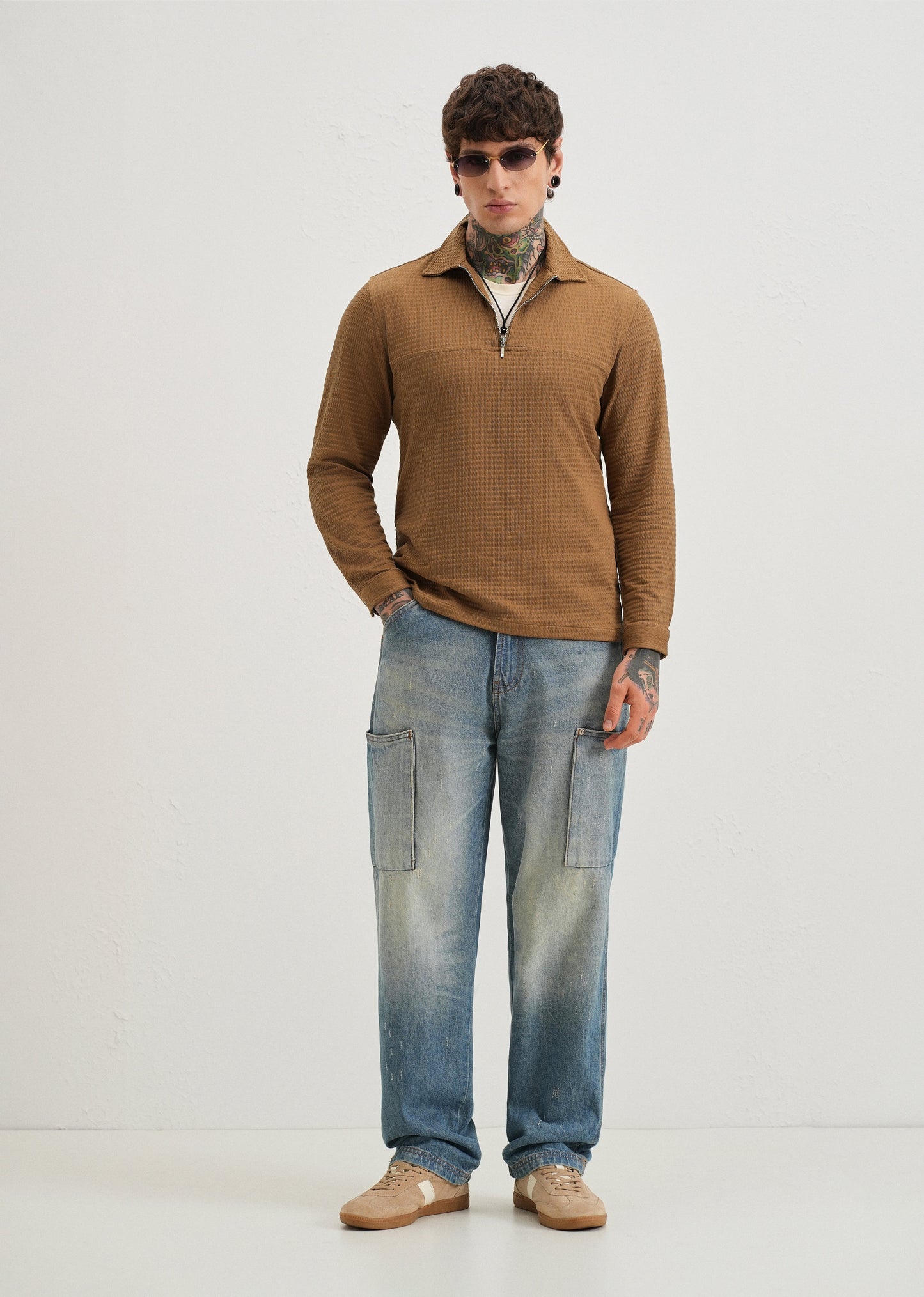 Brown Zipper Polo Knit T-shirt
