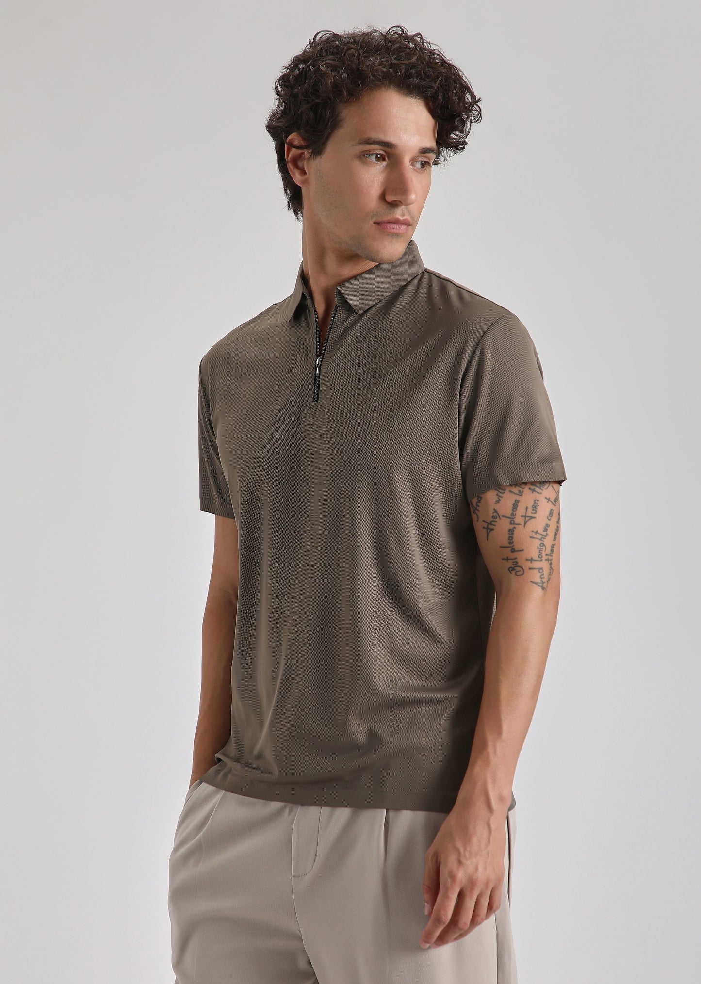 Brown Plain Zipper Stitchless Polo T-shirt