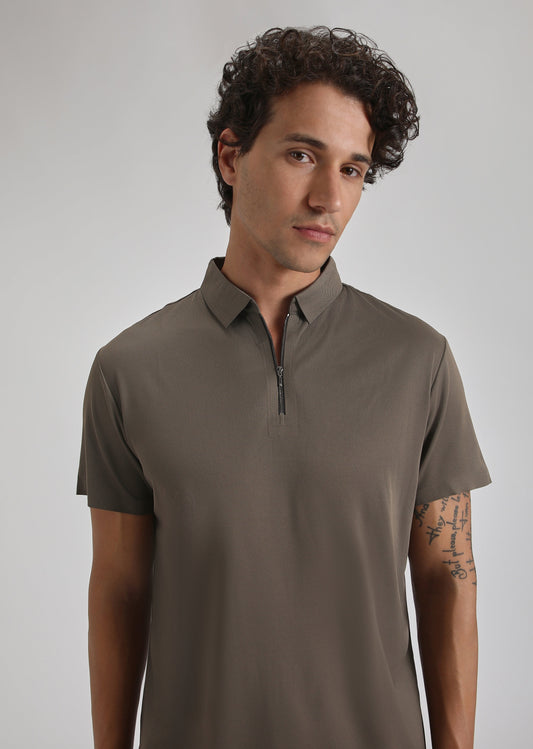 Brown Plain Zipper Stitchless Polo T-shirt