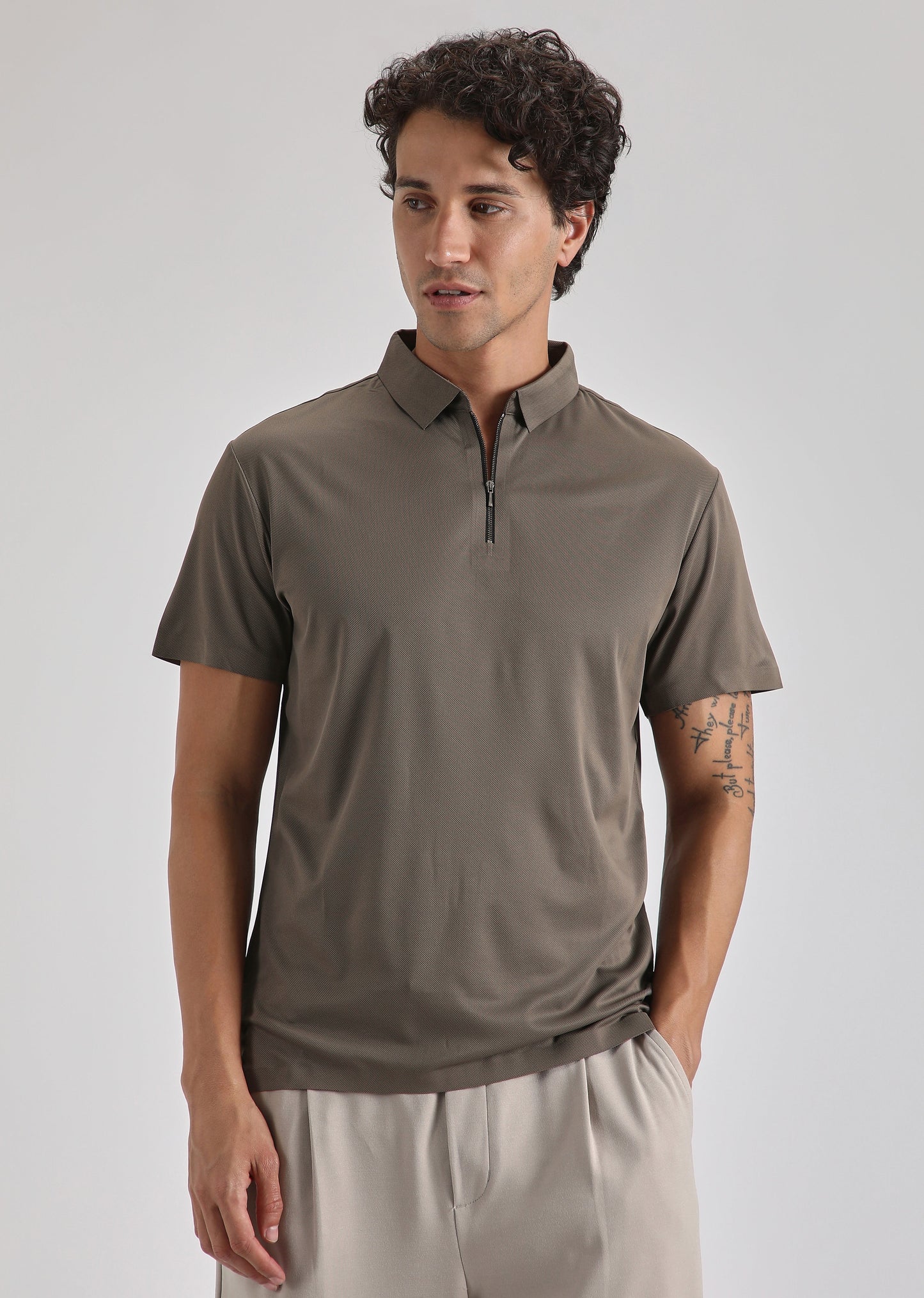 Brown Plain Zipper Stitchless Polo T-shirt