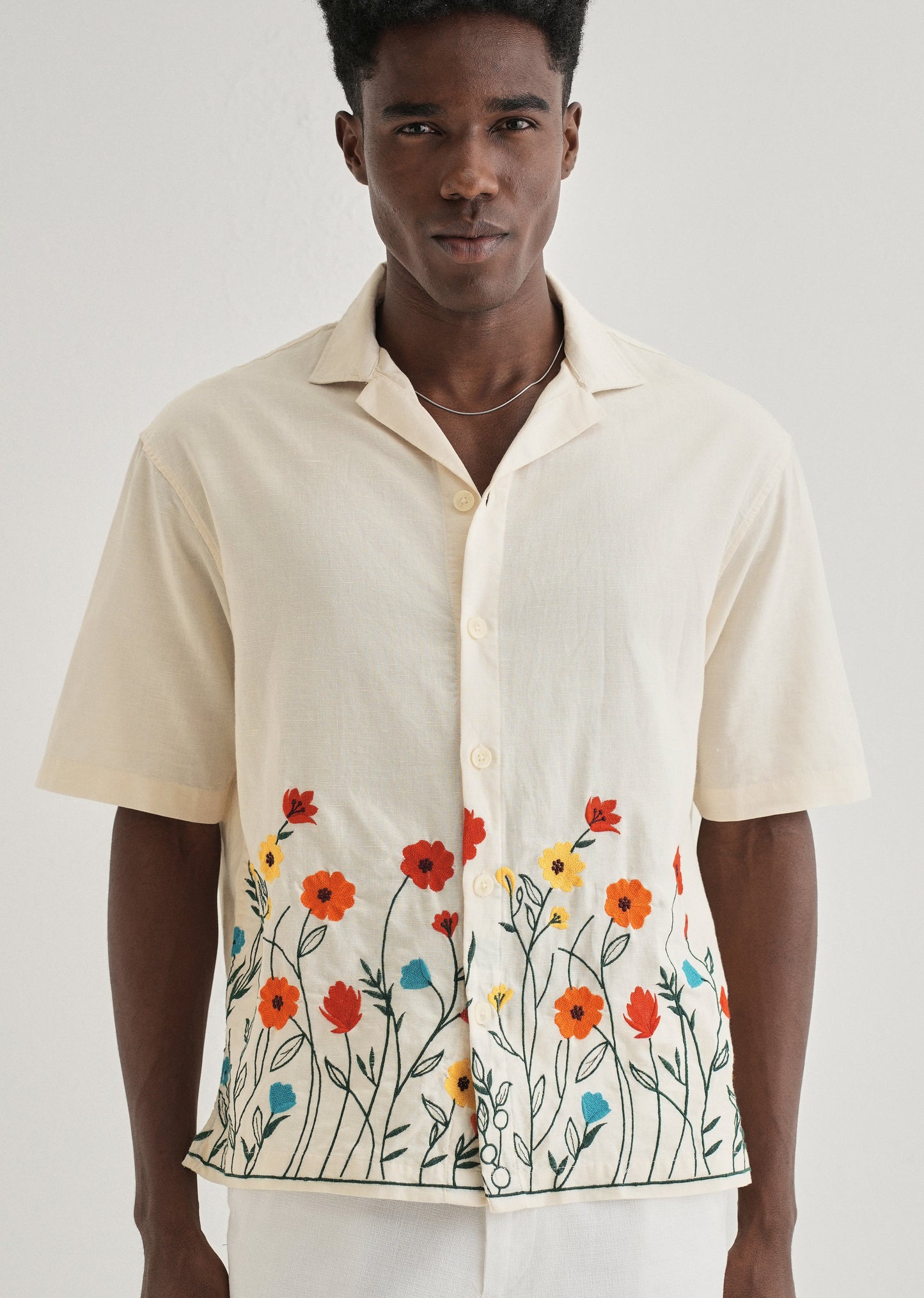 Cream Embroidered Cotton Linen Shirt