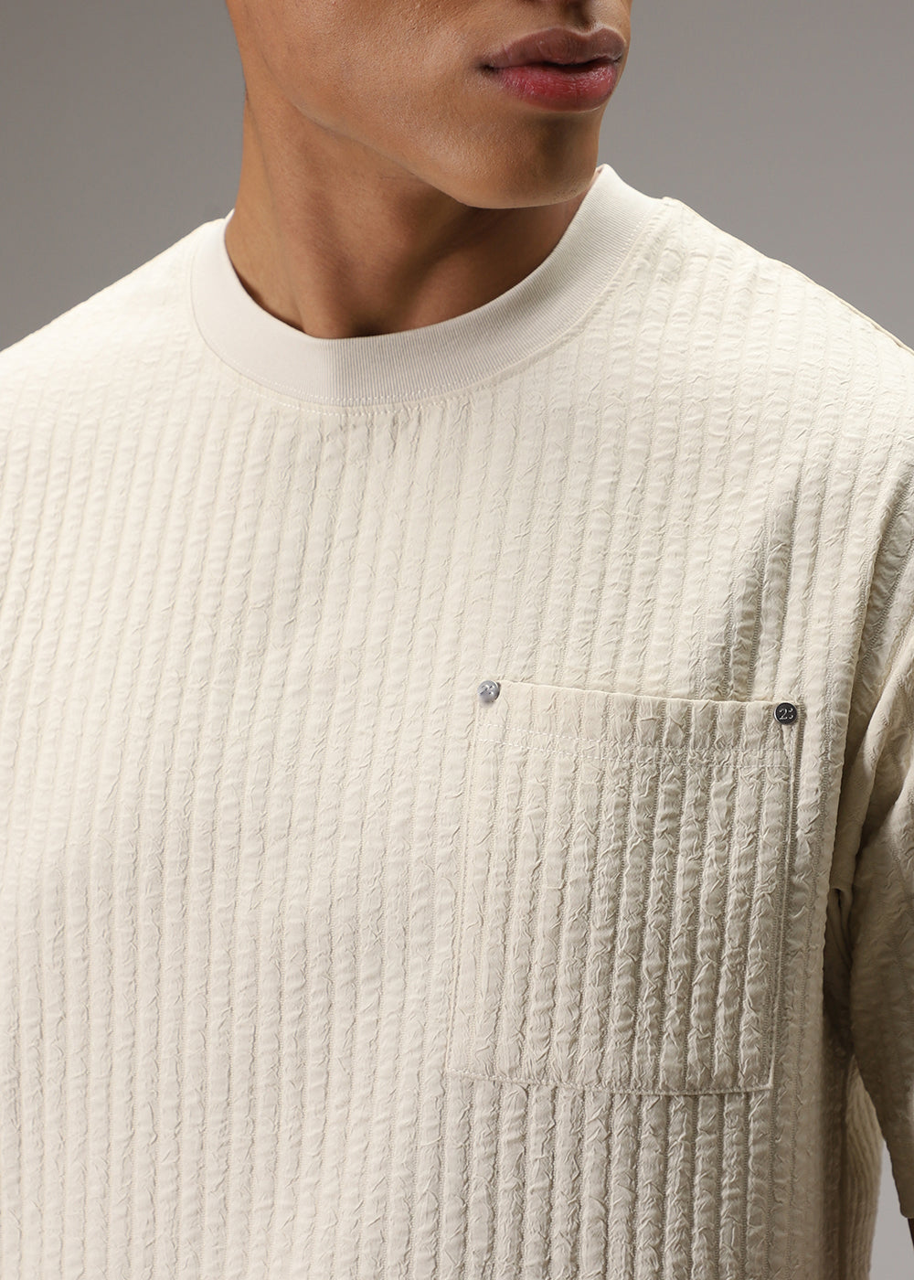 Cream Plain Textured Oversized T-shirt
