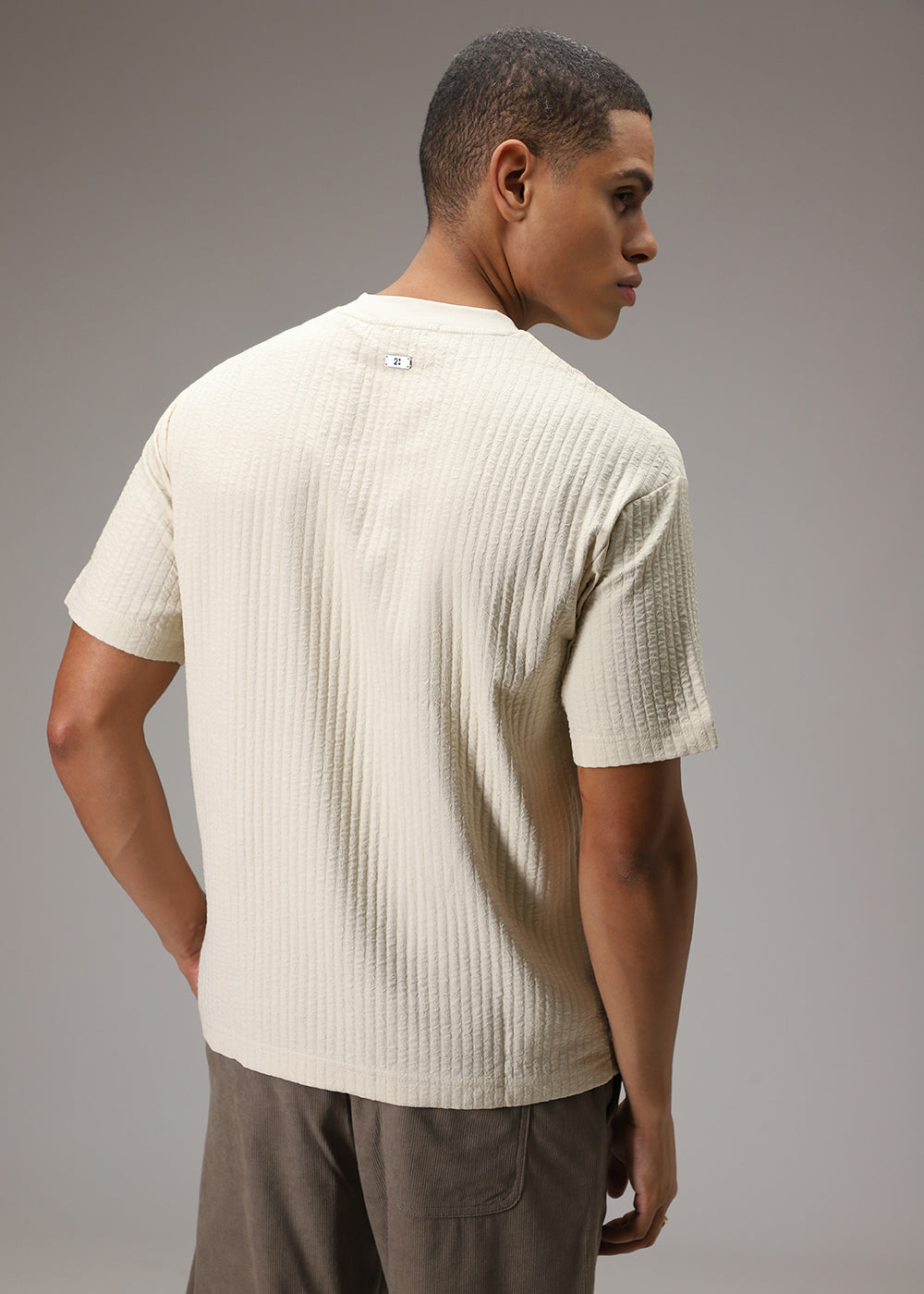 Cream Plain Textured Oversized T-shirt