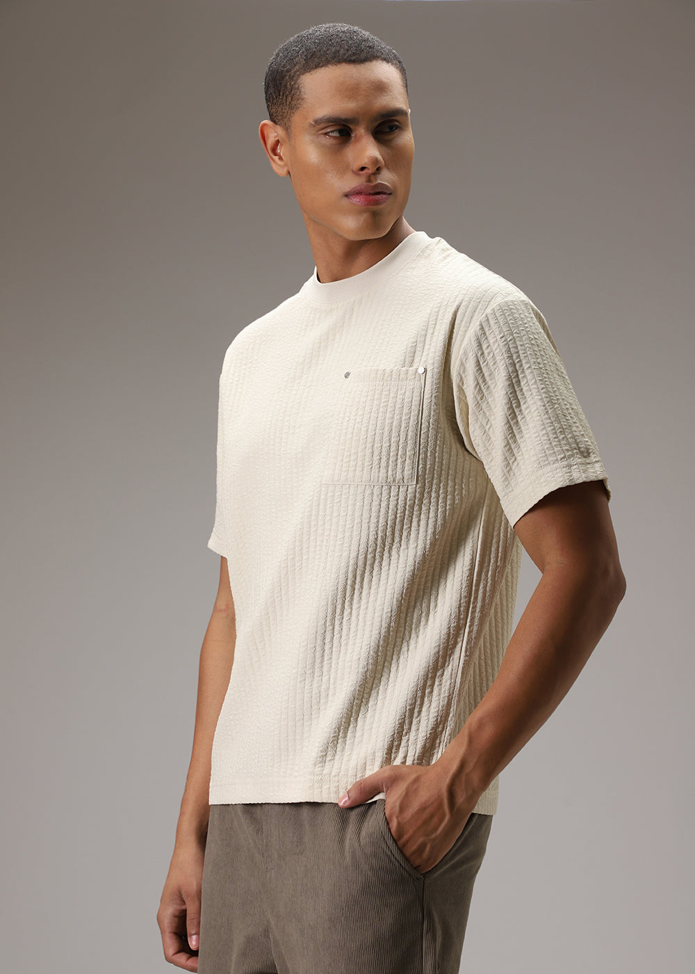 Cream Plain Textured Oversized T-shirt