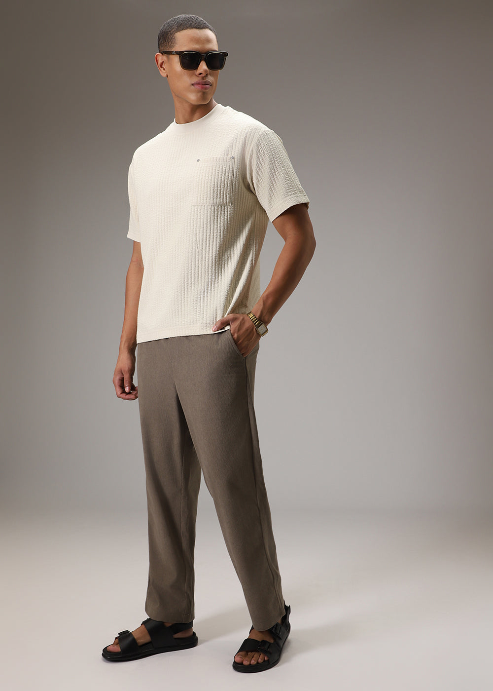 Cream Plain Textured Oversized T-shirt