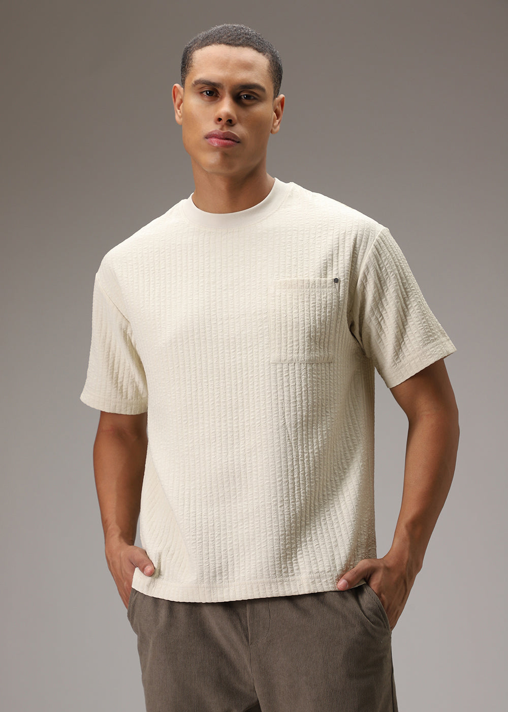 Cream Plain Textured Oversized T-shirt