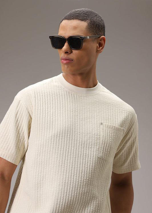 Cream Plain Textured Oversized T-shirt