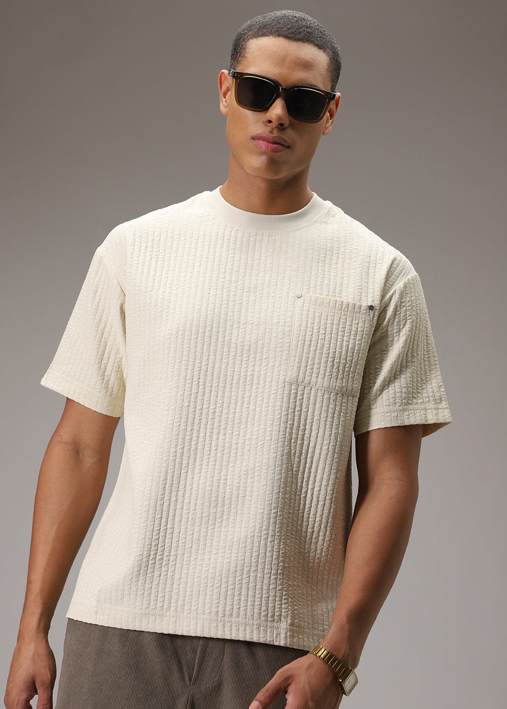 Cream Plain Textured Oversized T-shirt