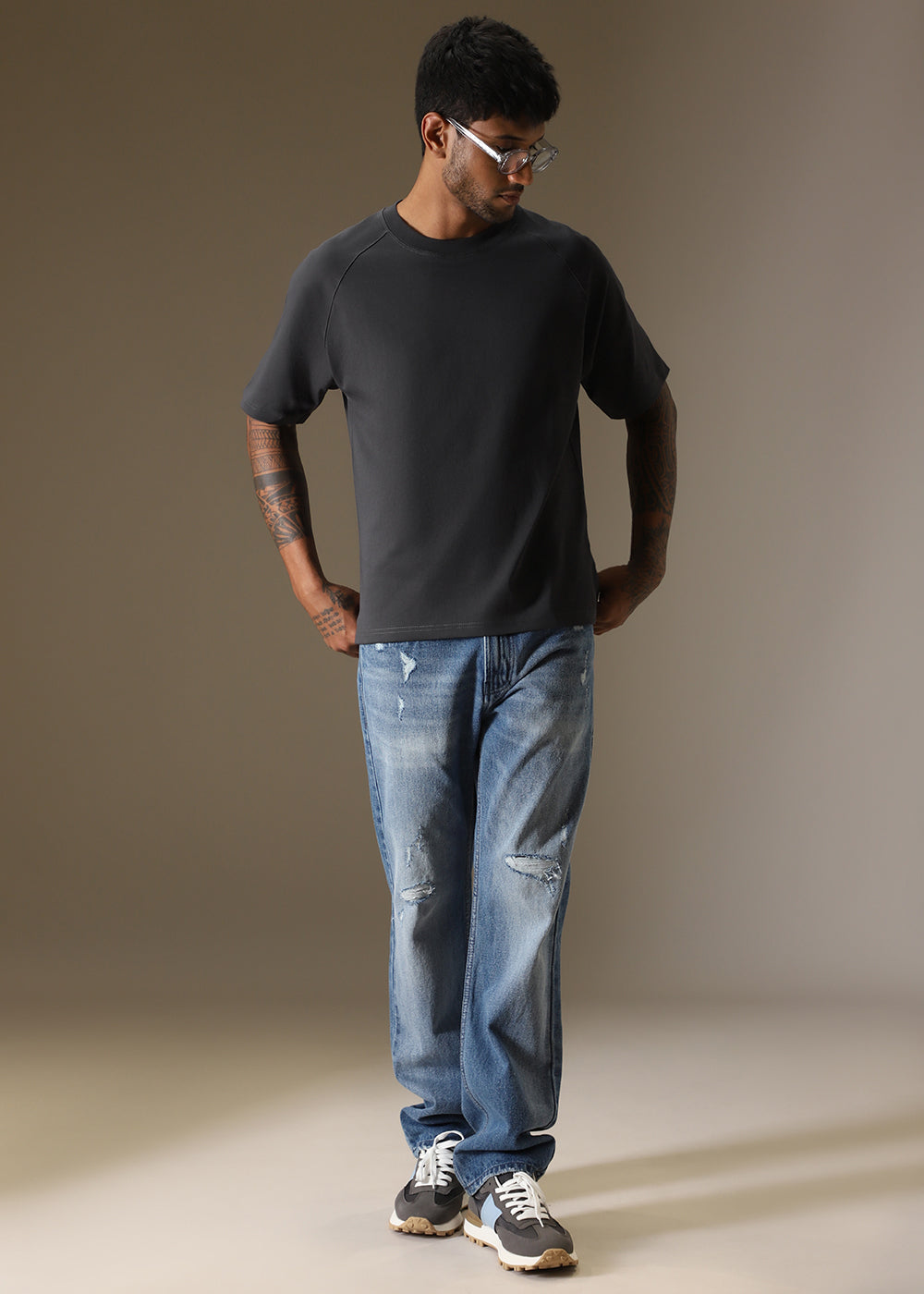 Cut And Sew Dark Grey Plain Oversized T-shirt
