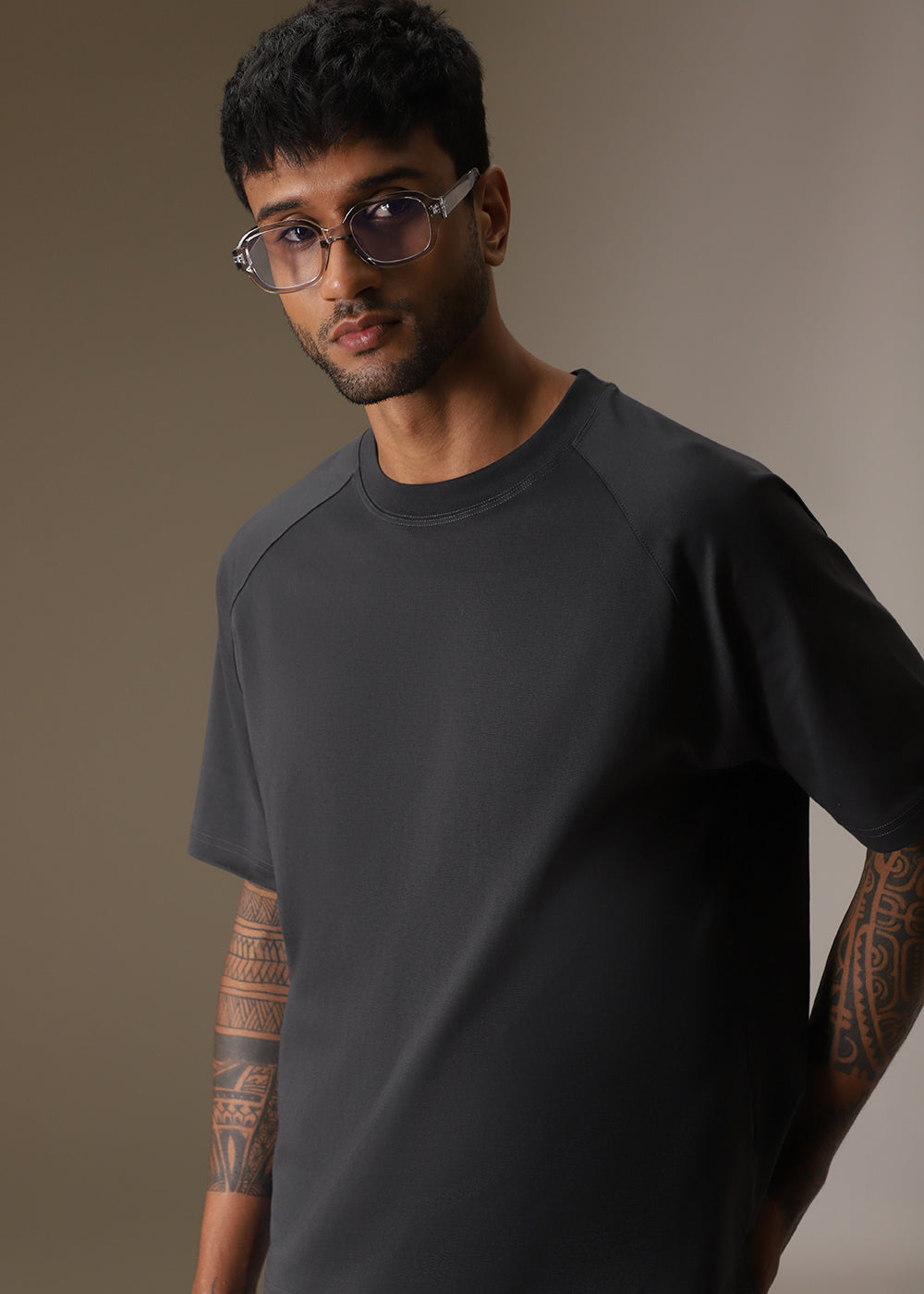 Cut And Sew Dark Grey Plain Oversized T-shirt