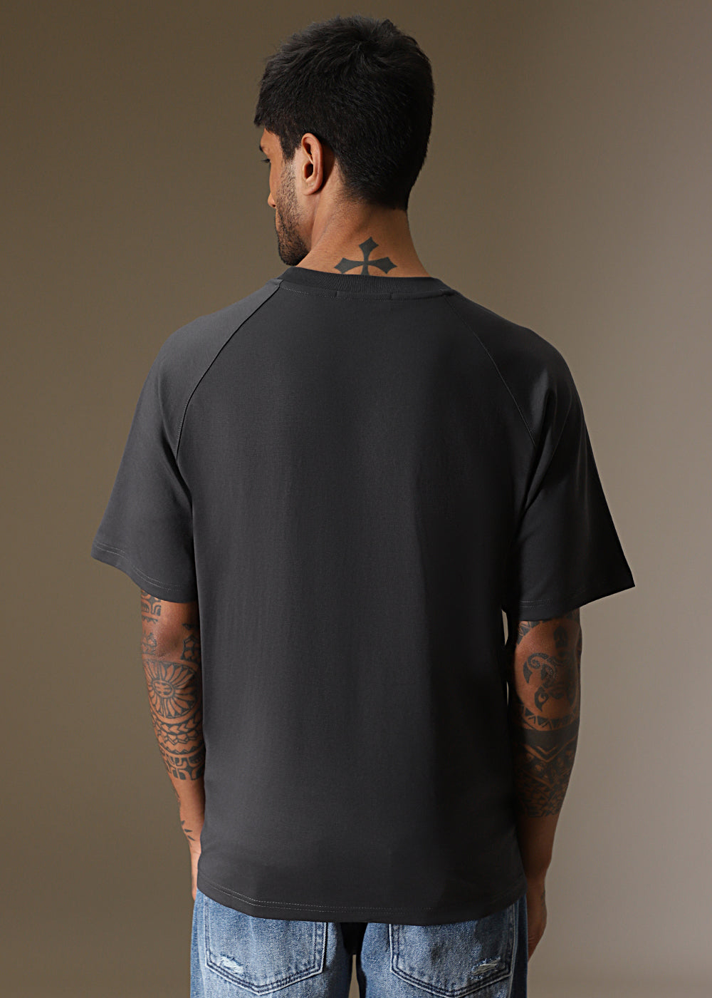 Cut And Sew Dark Grey Plain Oversized T-shirt