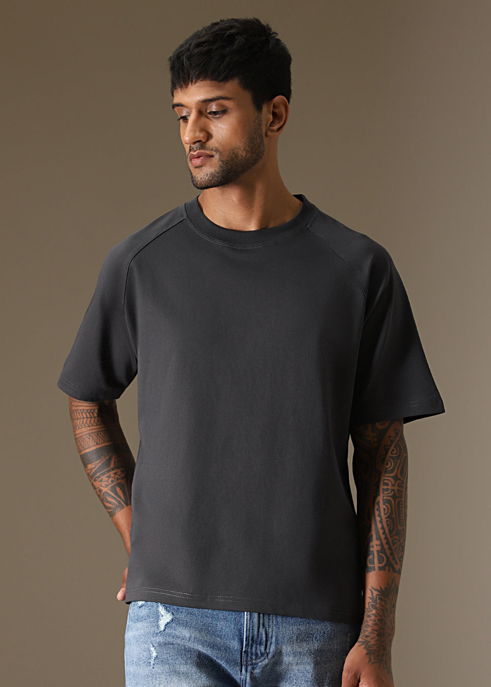 Cut And Sew Dark Grey Plain Oversized T-shirt