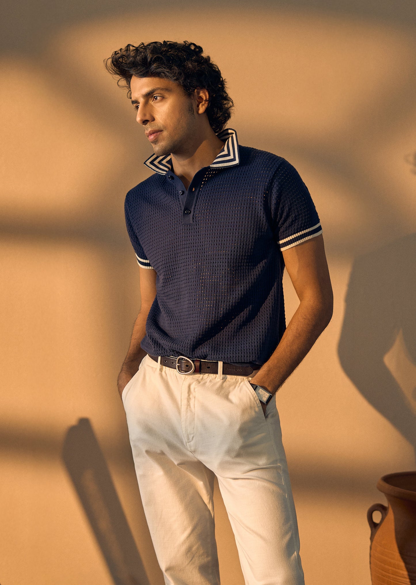 Blue Open Knitted Polo T-shirt