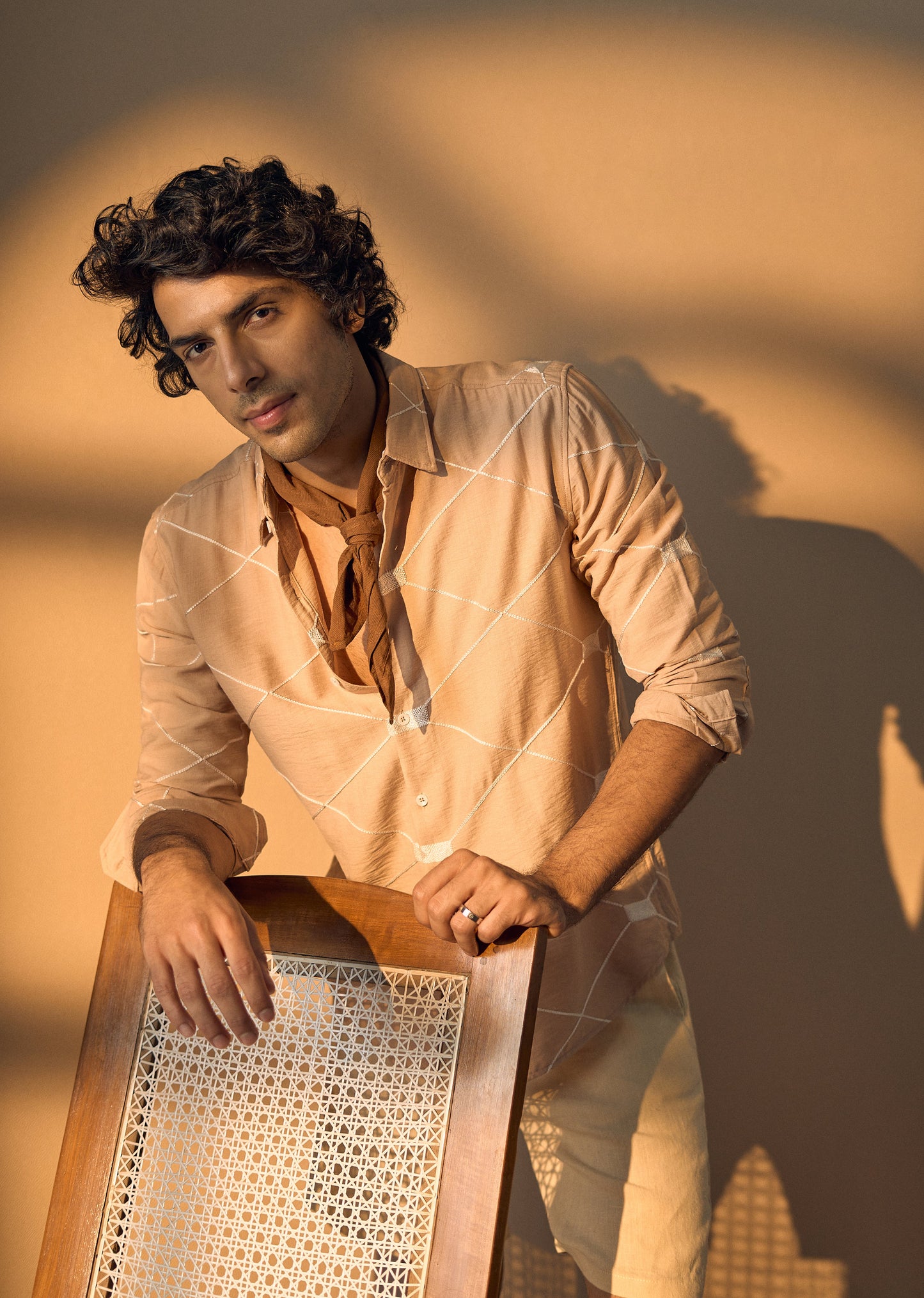 Beige Crisscross Embroidery Shirt