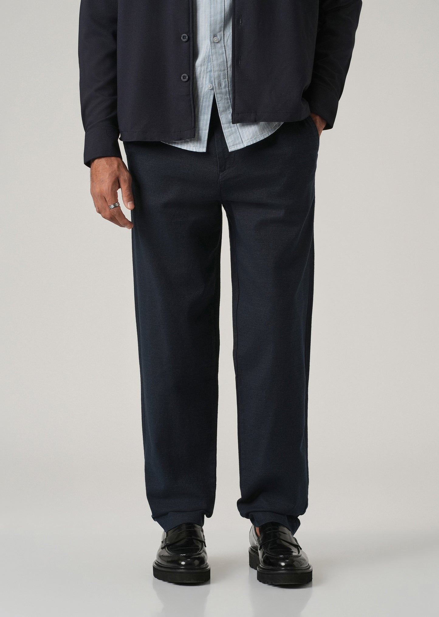 Dark Blue Linen-Look Cotton Trousers