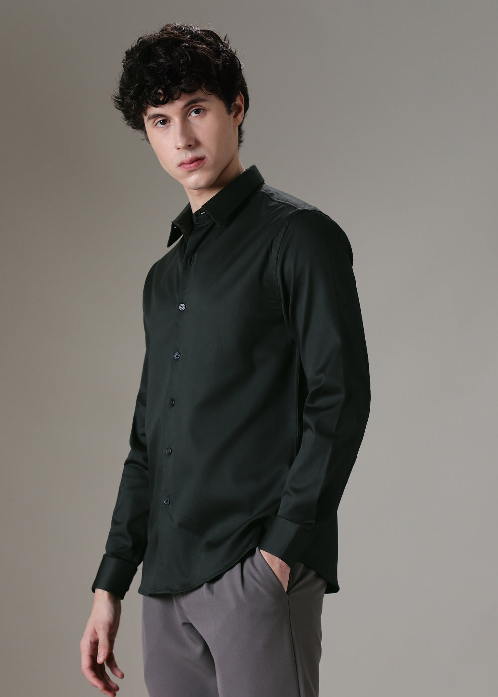 Dark Green Plain Satin Shirt