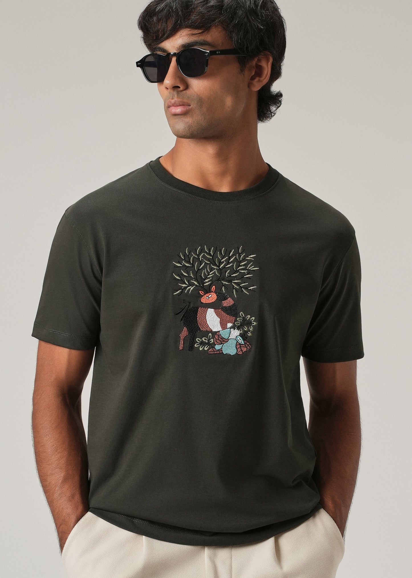 Dark Olive Chest Embroidered Slim Fit T-Shirt