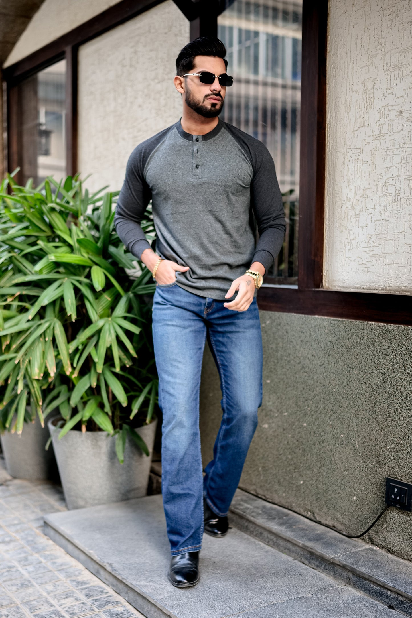 Grey Black Raglan Henley T-Shirt