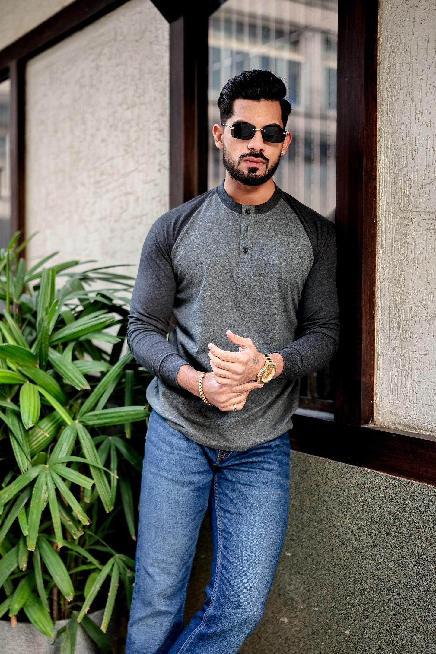 Grey Black Raglan Henley T-Shirt