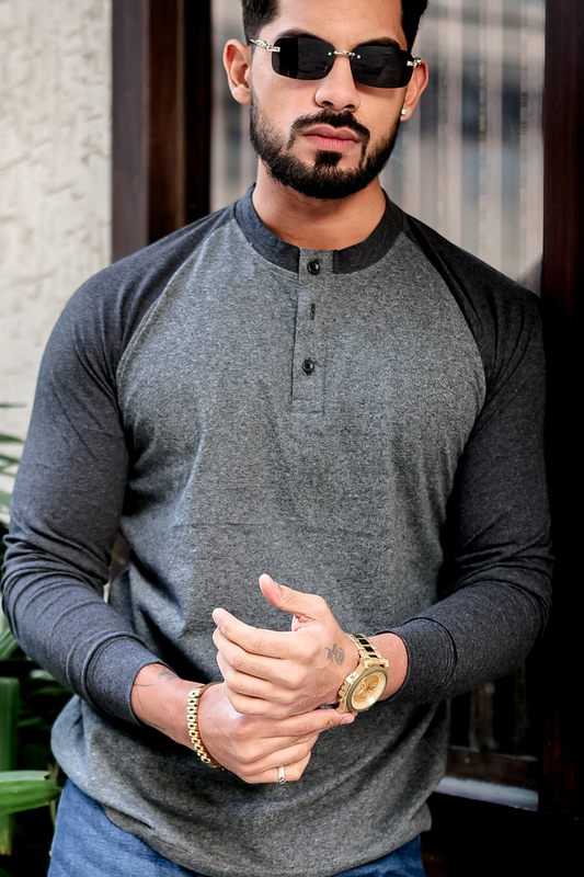 Grey Black Raglan Henley T-Shirt