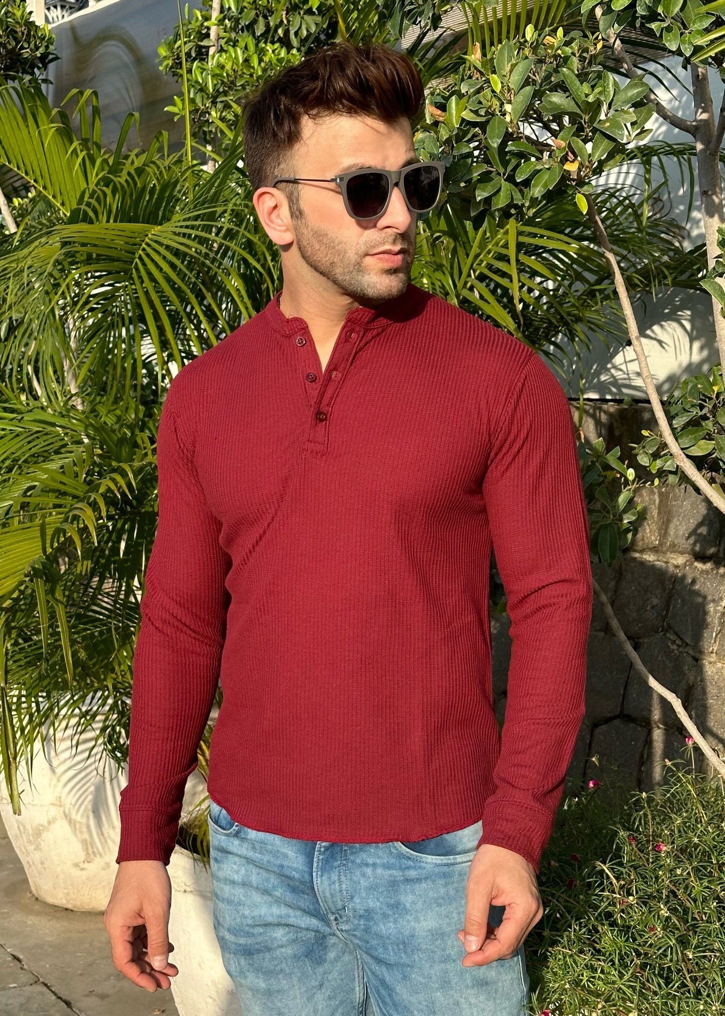 Maroon Self Waffle Knit Henley T-Shirt