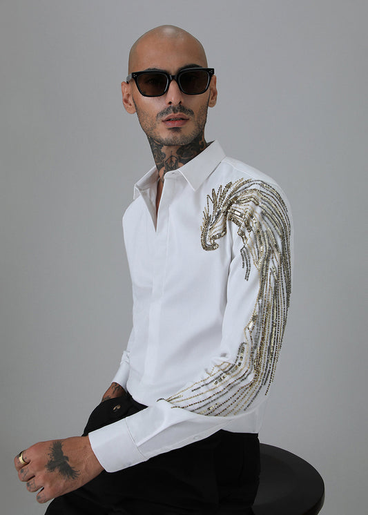 Gold Eagle White Embellished Designer Shirt