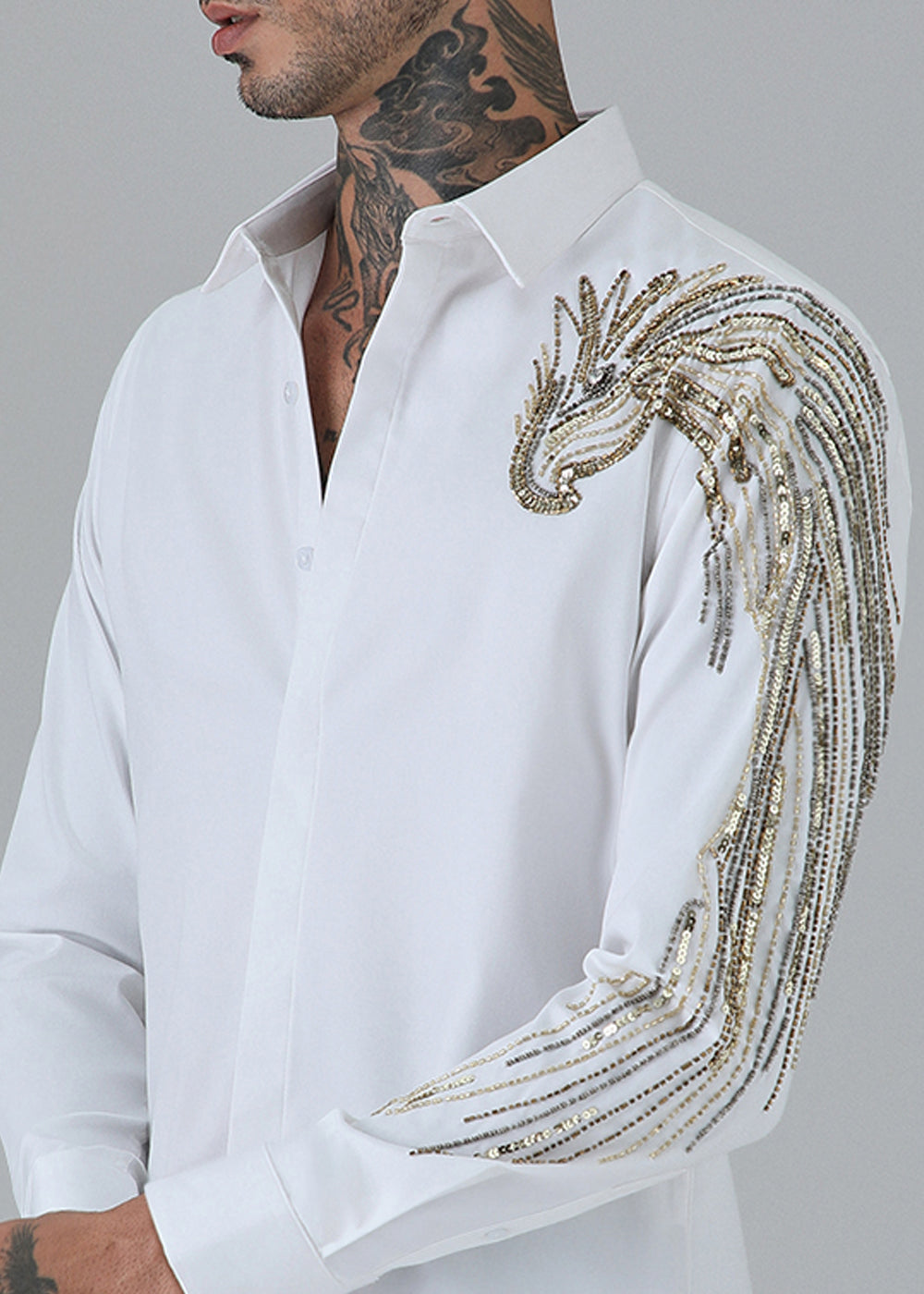 Gold Eagle White Embellished Designer Shirt
