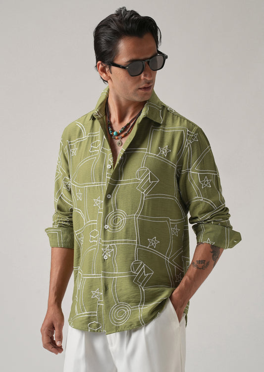 Green Abstract Embroidery Shirt