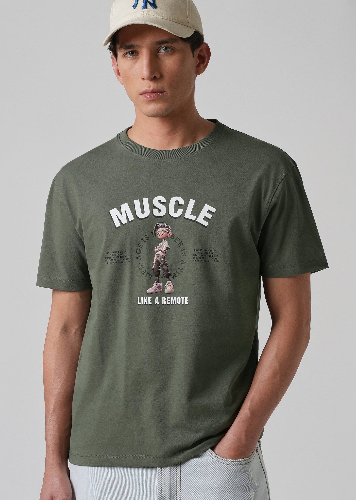 Olive Green Printed Slim Fit T-shirt