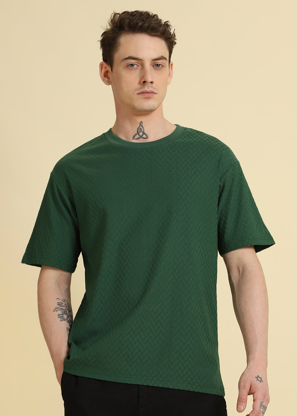 Green Plain Textured Weave Oversized T-shirt