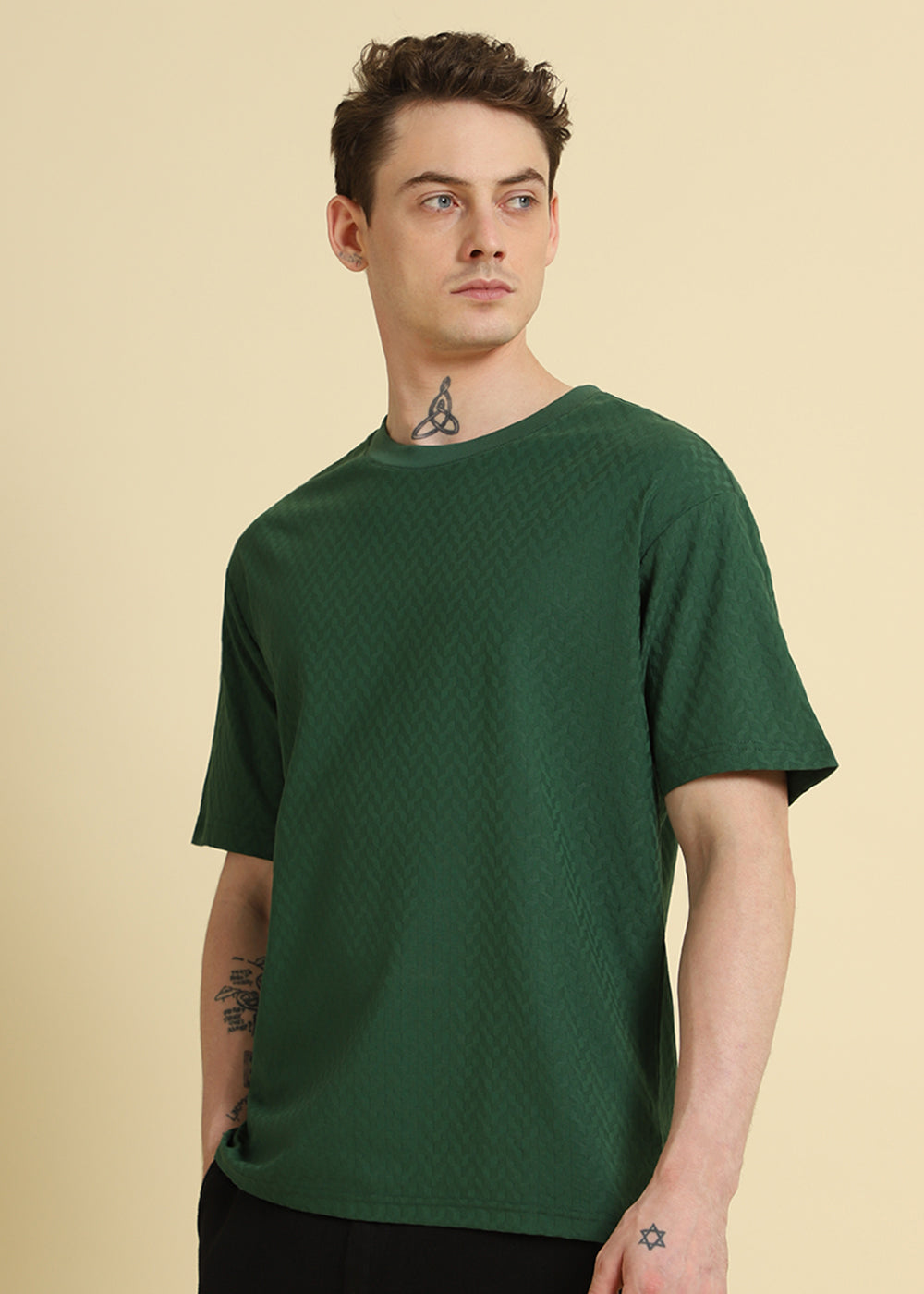 Green Plain Textured Weave Oversized T-shirt
