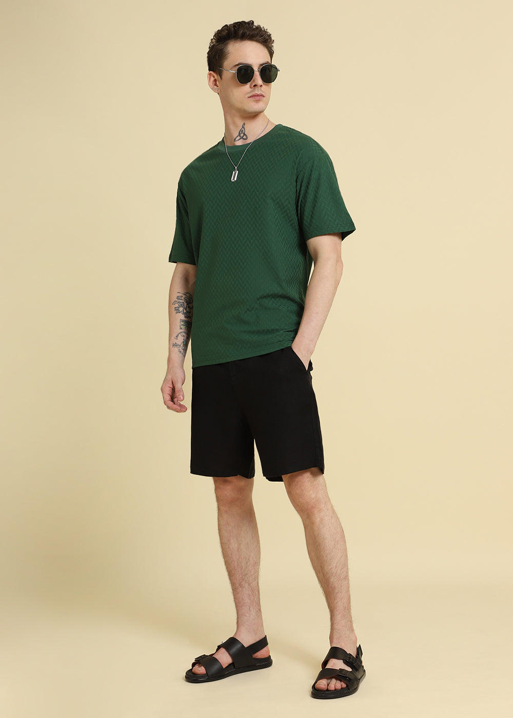 Green Plain Textured Weave Oversized T-shirt